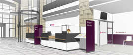 Die Entwurfsskizze zeigt den neuen Kundenbereich des Bürgeramts im Foyer. 