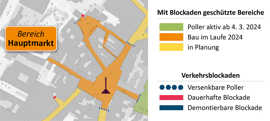 Ausschnitt des Stadtplans zeigt den Hautpmarkt mit Standortern für Zufahrtsbarrieren