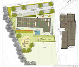 Lageplan der neuen Kita mit Parkplatz und Garten in Nachbarschaft der Grundschule