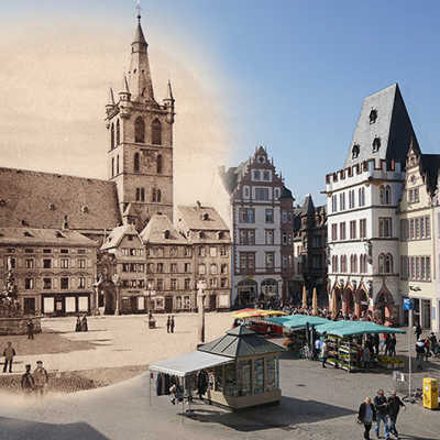 Die Fotomontage zeigt den Hauptmarkt aus vergangenen Zeiten kombiniert mit einer aktuellen Aufnahme. Montage: Stadtmuseum