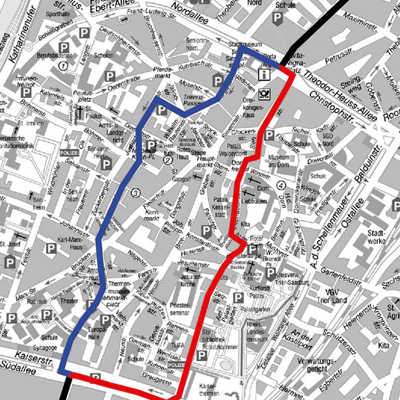 Der Ausschnitt des Stadtplans zeigt den Verlauf der City-Radrouten West (blau) und Ost (rot) sowie die Anschlüsse in die Nord- und Südstadt (schwarz). Eine durchgehende Beschilderung der beiden Routen, wie im Radverkehrskonzept vorgesehen, steht noch aus. Grafik: Geoinformation/Stadtplanung/PA