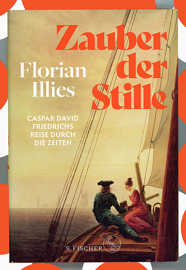 Das Deckblatt des Buchs "Zeit der Stille" von Florian Illies zeigt auf einem Gemälde eine Frau und einen Mann in Kleidung des 19. Jahrhunderts in vertraulichem Gespräch auf einem Segelschiff 
