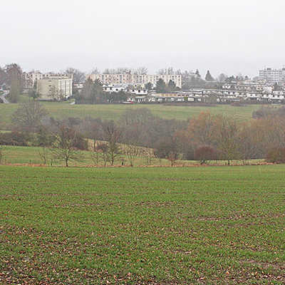 Der Stadtteil Mariahof (im Hintergrund) grenzt an das Hochplateau am Brubacher Hof, das im Entwurf zum Flächennutzungsplan zum Teil als Wohnbaugebiet ausgewiesen ist.
