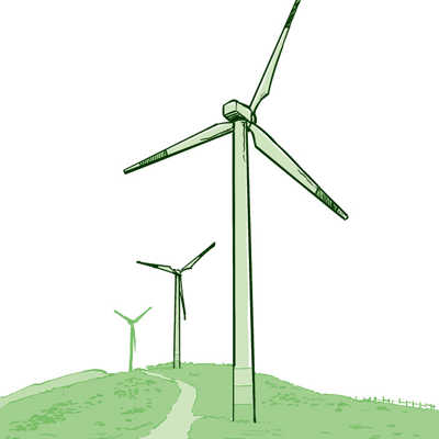 Die Zeichnung zeigt drei Windkraftanlagen im Grünen
