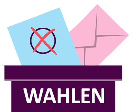 Zeichnung einer Wahlurne mit einem Wahlzettel und einem Briefumschlag