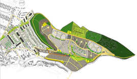 Grafik: Der Quartiersrahmenplan für das Gebiet Castelnau II zeigt die geplante Verkehrserschließung und die Verteilung von Wohn- und Grünflächen
