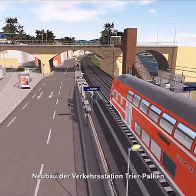 Der Auszug aus dem Video zeigt den Haltepunkt Pallien, der mittels Aufzug und Treppe (Bildmitte) direkt mit der Bushaltestelle auf der Kaiser-Wilhelm-Brücke verknüpft wird. Abb.: SPNV Nord