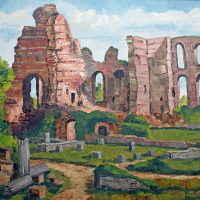 Einige Werke von Conrad Klein, die zum Verkauf angeboten werden, zeigen Trierer Bauwerke wie die Kaiserthermen.