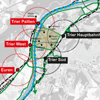 Die Grafik zeigt mit konzentrischen Kresien auf einem Stadtplan von Trier die Einzugsgebiete von fünf Bahnhöfen.