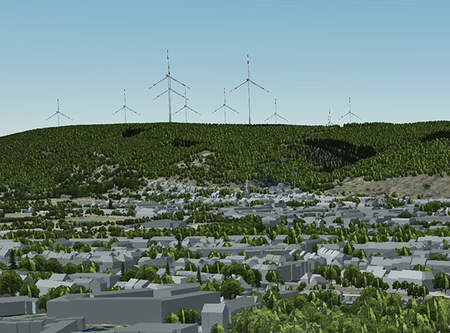 Visualisierung von geplanten Trierer Windkraftstandorten im Geoportal. Abbildung: Amt für Bodenmanagement und Geoinformationen