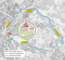 Stadtplanausschnitt mit dem eingezeichneten Verlauf der großräumigen Umleitung für Pkw und der Umfahrung für den Fahrradverkehr während der Bauarbeiten in der Olewiger Straße.