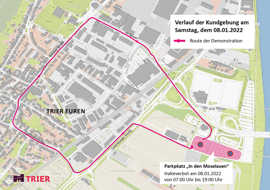 Die Karte zeigt den Standort der Demonstration gegen die Corona-Maßnahmen am Messepark und den genehmigten Verlauf des Protestzugs durch den Stadtteil Euren.