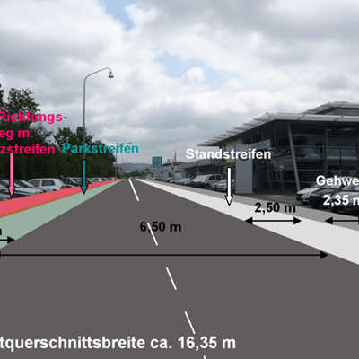 Die jetzt favorisierte Ausbauvariante sieht eine Verengung der Fahrbahn auf 6,50 Meter, einen Standstreifen und einen Radweg vor. Der Parkstreifen verläuft nicht durchgängig, sondern wird mit einem Grünstreifen kombiniert. Abbildung: Stadtplanungsamt