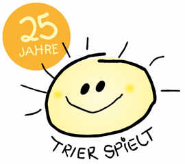 Die grafik zeigt eine Sonne mit lächelndem Gesicht, verbunden mit dem Schriftzug "25 Jahre Trier spielt"
