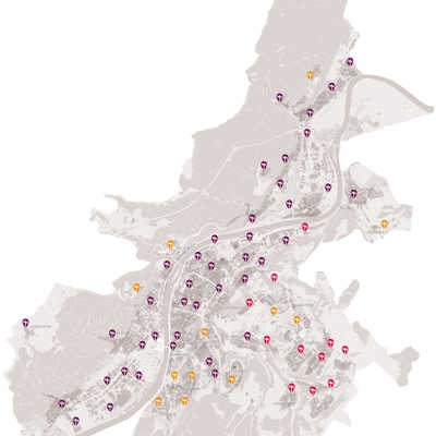 Die Stadtkarte zeigt alle bereits bestehenden (lila) und neuen (orange, rot) Sirenen.