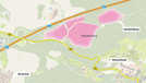 Der Kläschesberg (schraffierte Flächen) zeichnet sich durch eine sehr gute Verkehrsanbindung aus, vor allem zur Autobahn nach Luxemburg. Karte: Amt für Bodenmanagement und Geo-Information