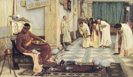 Das Gemälde „The Favourites of the Emperor Honorius“ zeigt Kaiser Honorius, wie er Vögel füttert, die auf dem Teppich vor ihm liegen.