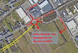 Das Luftbild zeigt neben dem Standort des künftigen Globus SB-Warenhauses auch die vorgesehene Verkehrserschließung