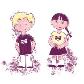 Zeichnung: ein Junge mit blonden Haaren und ein Mädchen mit Zopf tragen verschiedenfarbige T-Shirts mit Trier-Logo