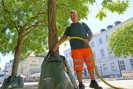 Stefan Grünhäuser von der Abteilung StadtGrün befüllt einen Wassersack an einem Baum auf dem Kornmarkt. Dieser fasst zwischen 75 und 100 Liter und versorgt den Baum über acht bis zehn Stunden gleichmäßig mit Wasser.