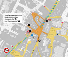 Stadtplanausschnitt mit den Verkehrsregelungen während der Bauphase der Pollere rund um den Hauptmarkt im Februar und März 2024.