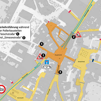 Stadtplanausschnitt mit den Verkehrsregelungen während der Bauphase der Pollere rund um den Hauptmarkt im Februar und März 2024.