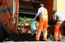 Zwei Mitarbeiter des Abfallzweckverbands laden Grünschnitt, der von Kunden am Straßenrand bereitgestellt wurde, in ihr Fahrzeug ein. Foto: A.R.T.