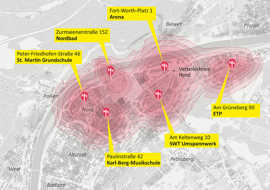 Der Ausschnitt aus dem Stadtplan zeigtm die Standorte und Reichweite von Sirenen in Trier-Nord