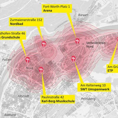 Die Standorte der sechs neuen Sirenen sind breit über ganz Trier-Nord verteilt. Sie strahlen auch in die Nachbarstadtteile aus.