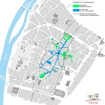 In der Fußgängerzone (blau markierter Bereich) ist Radfahren nur von 19 bis 11 Uhr erlaubt. Die grün markierten Bereiche wie Domfreihof und Viehmarkt sind hingegen ganztägig für Radverkehr geöffnet. Die gestrichelten Linien zeigen die beiden Umfahrungsmöglichkeiten der Fußgängerzone auf der Ost- und Weststrecke. Karte: Stadtplanungsamt
