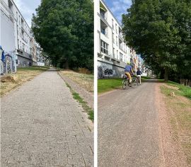 Ein Abschnitt des Moselradwegs West vor und nach der Sanierung  im Vergleich.