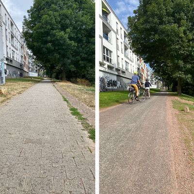 Ein Abschnitt des Moselradwegs West vor (links) und nach der Sanierung (rechts).