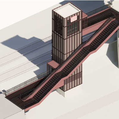 Visualisierung des geplanten Haltepunkts Pallien. Ein Aufzug (r.) verbindet die Bushaltestelle auf der Kaiser-Wilhelm-Brücke mit dem Bahnsteig. Abbildung: DB Netz 