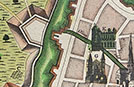 Der Kupferstich von Matthäus Seutter (nach 1734) zeigt die Bastionen und Gräben rund um Trier in stark vereinfachter Form. Links unten ist das zum Fort ausgebaute Martinskloster zu erkennen. Abbildung: Stadtmuseum
