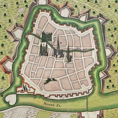 Der Kupferstich von Matthäus Seutter (nach 1734) zeigt die Bastionen und Gräben rund um Trier in stark vereinfachter Form. Links unten ist das zum Fort ausgebaute Martinskloster zu erkennen. Abbildung: Stadtmuseum