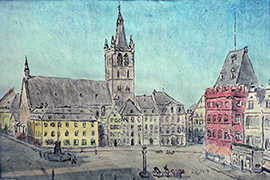 In der Ausstellung von Uwe Jönson in der Stadtbibliothek ist unter anderem eine Ansicht des Trierer Hauptmarkts mit der Kirche St. Gangolf zu sehen. 