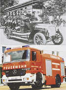 Eines der ersten motorisierten Fahrzeuge der Trierer Feuerwehr (oben), das um 1911 gebaut wurde und zehn Personen Platz bot. Der Mercedes Actros 18/31 (unten) ist mit Baujahr 1999 ein neueres Modell im Feuerwehrfahrzeugpark.  Fotos: privat