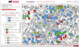 Bildformfotografie des Stadtplans mit eingezeichneten Punkten, die für Menschen mit Behinderungen von besonderem Interesse sind.