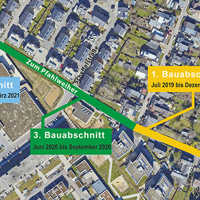 Zeitlicher Ablauf der Bauarbeiten in der Straße zum Pfahlweiher in vier mehrmonatigen Abschnitten.