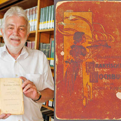 Werner Schättgen freut sich über die Übergabe des wertvollen Kochbuchs an die Wissenschaftliche Bibliothek der Stadt Trier. Auf dem Titel (rechts) ist eine Köchin beim Servieren eines Gerichts zu sehen. Foto: Anja Runkel
