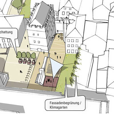 Ideen für eine schattige, grüne City-Oase mit Kleinkunstbühne rund um den Frankenturm. Skizze: MESS