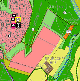 Die Karte zeigt das jetzt vorgeschlagene Baufeld zwischen dem Brubacher Hof und der bestehenden Siedlung Mariahof (links oben). Abbildung: Stadtplanungsamt