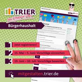 Die Grafik zeigt den Schriftzug "Trier mitgestalten Bürgerhaushalt", eine Abbildung der Homepage mitgestalten.trier.de, eine auflistung der drei Schritte Registrieren, Vorschläge einreichen und bewerten sowie eine Hand, mit Comic-Gesichtern als Finger