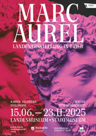 Plakat zeigt zwei Mal die Büste von Marcl Auren in pink und rot mit den Worten: "Kaiser, Feldherr, Philosoph"
