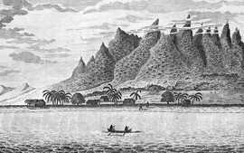 Foto: Kupferstich der Sandwich-Inseln aus einem Reisebericht des 18. Jahrhunderts