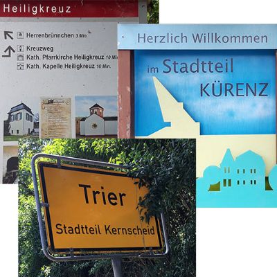 Ortseingangsschilder und touristische Hinweistafeln in den drei Trierer "Stadtdörfern".
