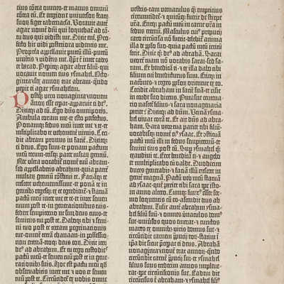 Diese Seite der Gutenbergbibel ist im  Besitz der Bibliothek verblieben. Es handelt sich um einen Auszug aus dem Buch Genesis, Kapitel 16, Vers 12, bis Kapitel 18, Vers 31 im Buch Mose.