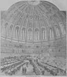 Diese Reproduktion eines Holzschnitts aus dem Jahr 1857 zeigt den prächtigen Lesesaal des British Museums in London, wo Karl Marx unzählige Stunden mit ökonomischen Studien verbrachte. Abbildung: Stadtmuseum Simeonstift