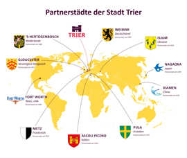 Weltkarte mit Verortung aller Partnerstädte mit Wappen