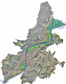 Rote Markierung: Grenze des neu festgelegten Bereichs; Dunkelgrüne Bereiche: altes Hochwasserschutzgebiet (1999); Hellgrüne Bereiche: neue Hochwasserschutzzonen (2008); Abbildung: Stadtplanungsamt.